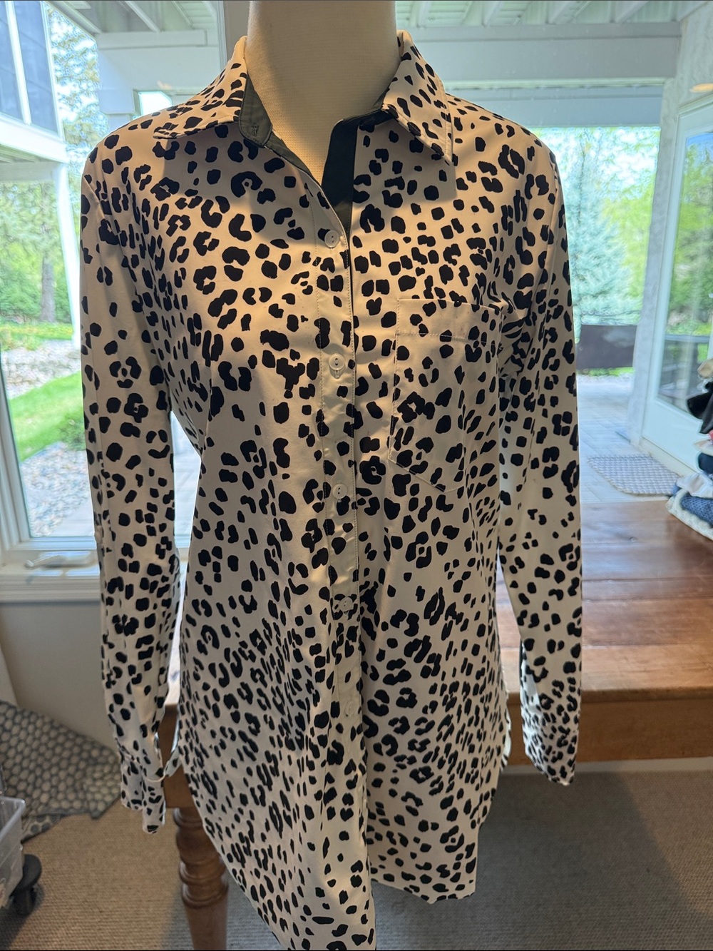 Lysse Black and White Leopard Print Button-Down Blouse